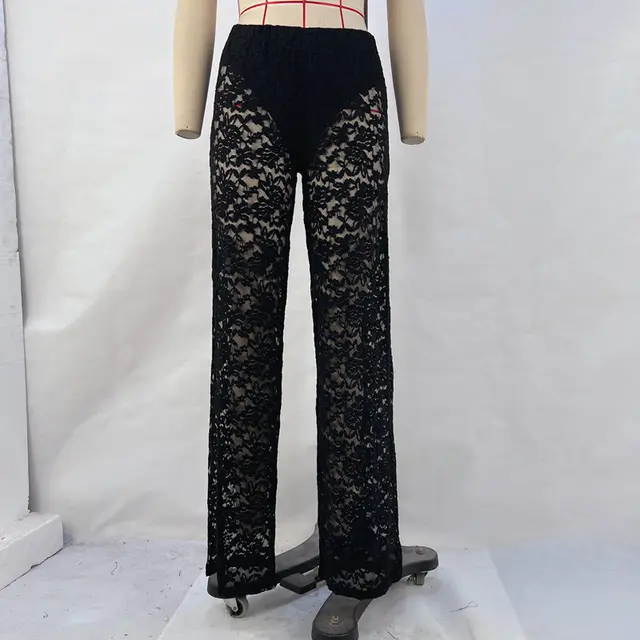 Summer Lace See through High Waist Stitching Long Straight leg Pants Black - Shop at LoveMi