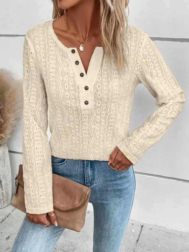 Summer Solid Color Long Sleeve Hollowed Leisure Shirt Apricot - Shop at LoveMi