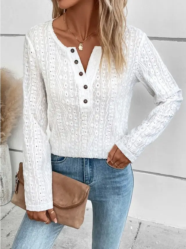 Summer Solid Color Long Sleeve Hollowed Leisure Shirt White - Shop at LoveMi