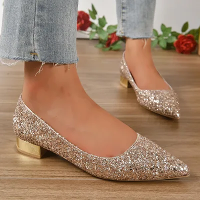 Crystal Sequins Low Heel Shoes Women Champagne 36 - Shop at LoveMi