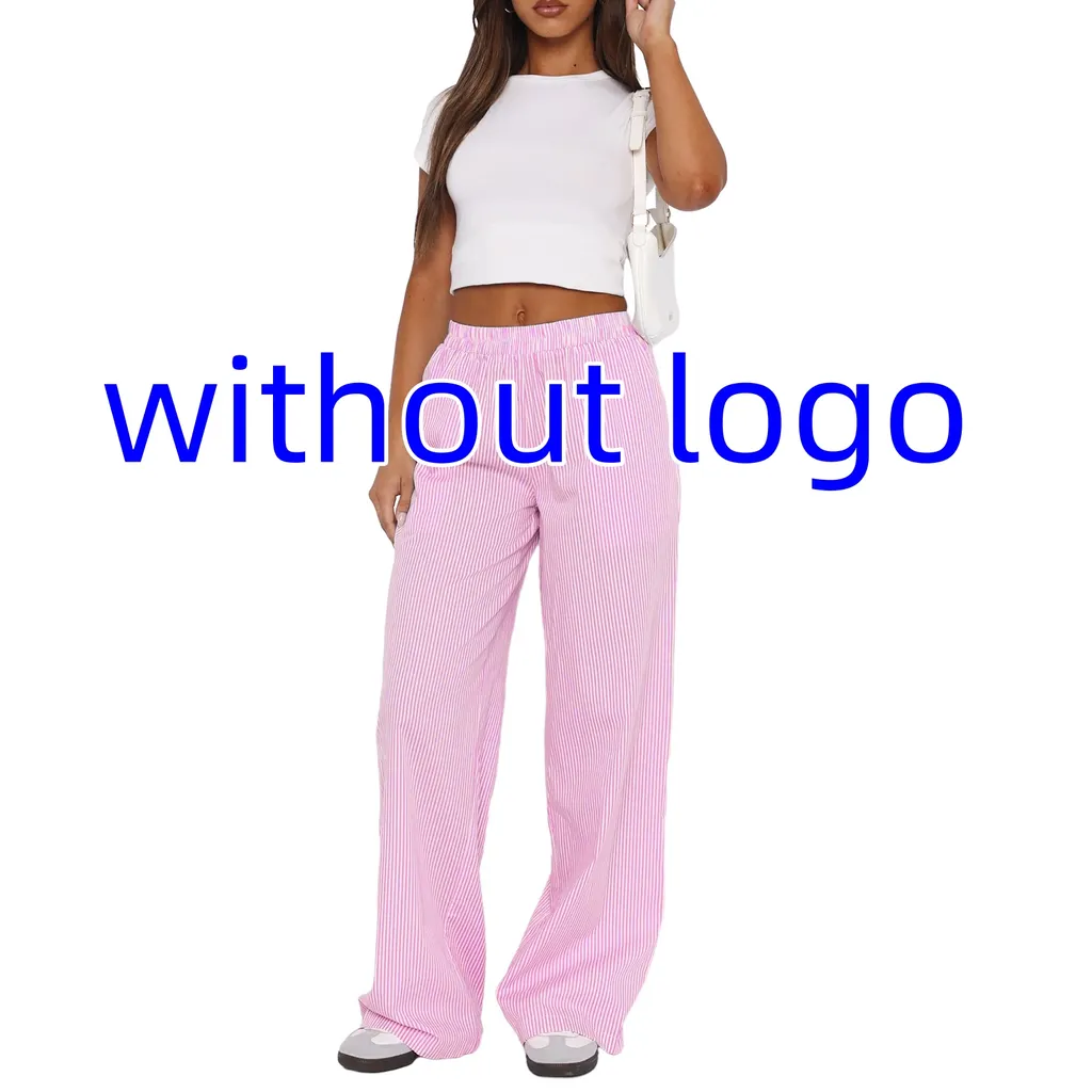 Fashion Y2K Striped Straight Trousers Summer Elastic High Waist Wide Leg Pants For Women - Pink Stripes