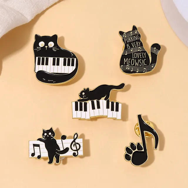 Cute Black Cat Piano Notes Alloy Brooch Five Piece Set - Shop at LoveMi