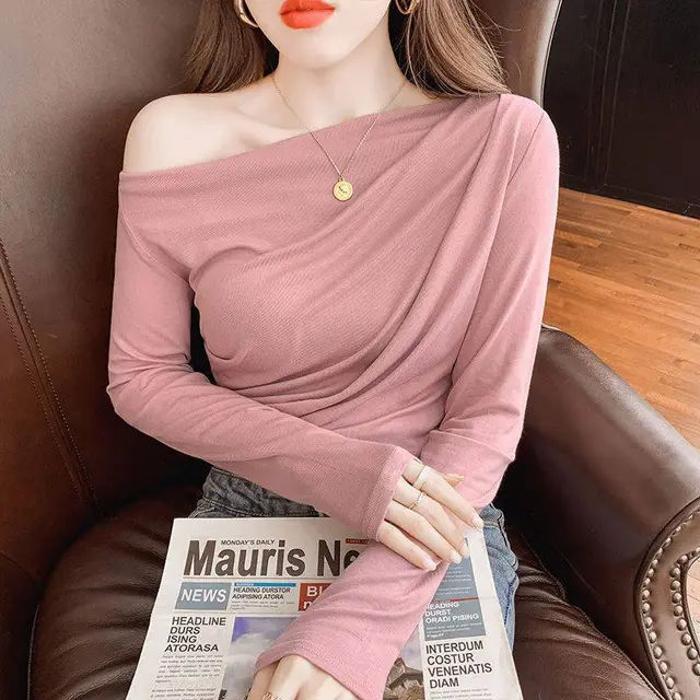 Pleated Collarbone Off shoulder Shoulder baring Top Slimming Inspirational Bottoming Shirt Lotus Root Color - Shop at LoveMi