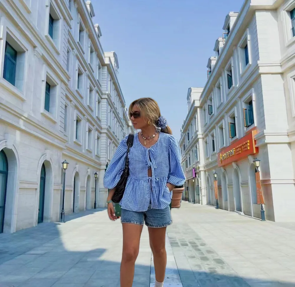 Lace up Round Neck Puff Sleeve All matching Shirt Sky Blue - Shop at LoveMi
