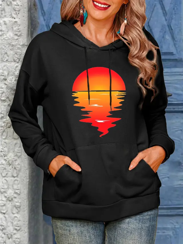 Sun Pattern Printing Hoodie With Drawstrings Sweaters Women's Clothing Black Hooded - Shop at LoveMi