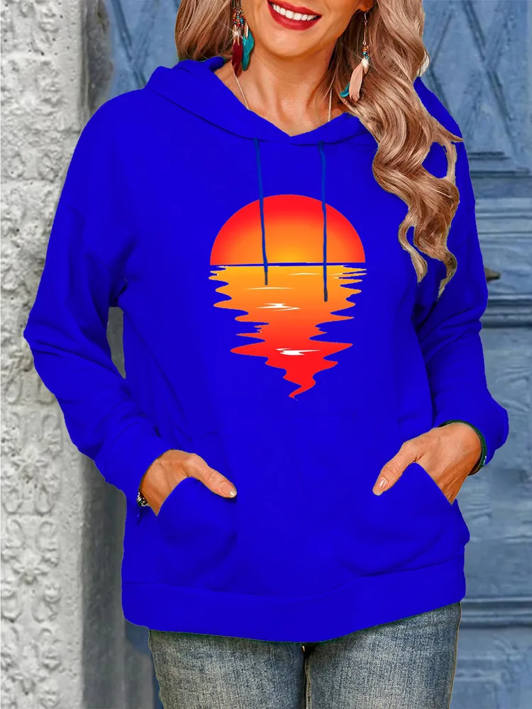 Sun Pattern Printing Hoodie With Drawstrings Sweaters Women's Clothing Blue - Shop at LoveMi