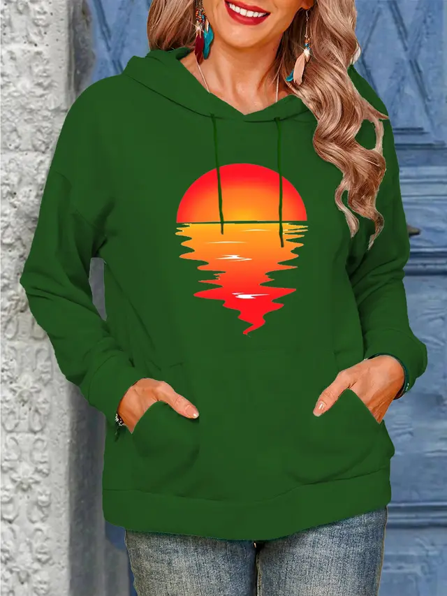 Sun Pattern Printing Hoodie With Drawstrings Sweaters Women's Clothing Green Hooded - Shop at LoveMi