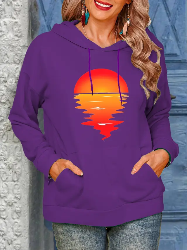 Sun Pattern Printing Hoodie With Drawstrings Sweaters Women's Clothing Purple Hooded - Shop at LoveMi