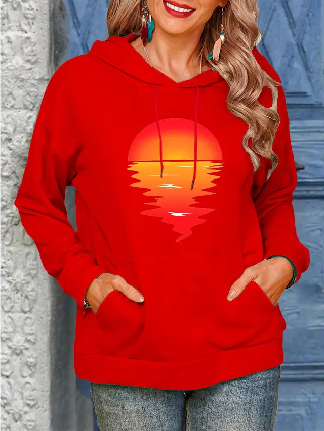 Sun Pattern Printing Hoodie With Drawstrings Sweaters Women's Clothing Red Hooded - Shop at LoveMi