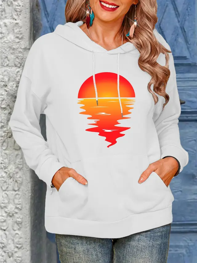 Sun Pattern Printing Hoodie With Drawstrings Sweaters Women's Clothing White Hooded - Shop at LoveMi