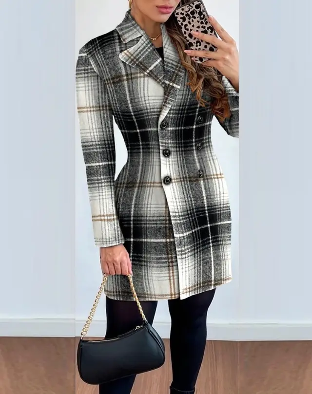 Women's Long sleeved Double breasted Suit Collar Printed Coat Gray Plaid - Shop at LoveMi