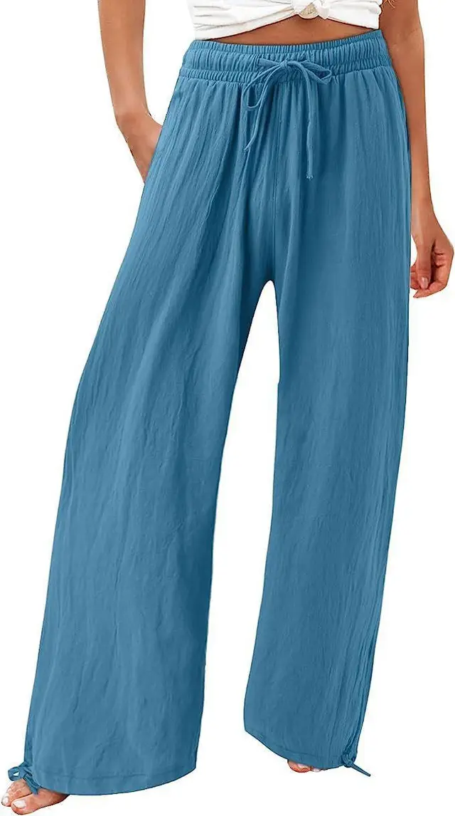 Women's Cotton And Linen Wide leg Beach Pants Casual Pants Peacock Blue - Shop at LoveMi