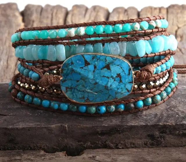 Vintage Natural Cut Angle Emperor Stone Leather Bracelet Green Emperor - Shop at LoveMi