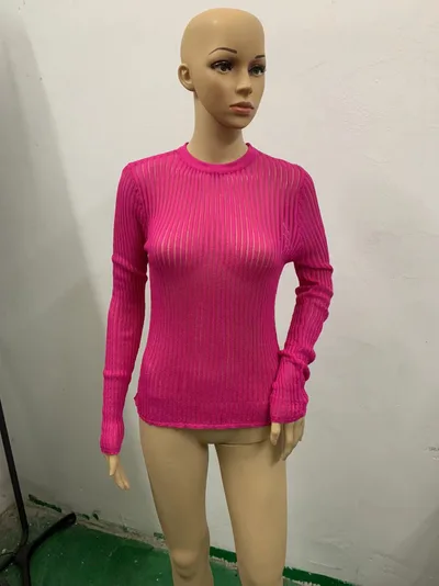 Round Neck Thin Breathable Knitted Wool Top Rose Red - Shop at LoveMi