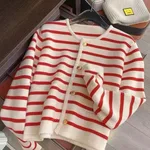 Black And White Striped Knitted Cardigan Women's Outer Wear Cropped Sweater Coat - Red