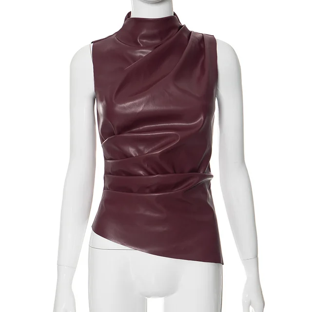 Women's Leather Cascading Collar Waist Slant Short Sleeve Wine Red - Shop at LoveMi