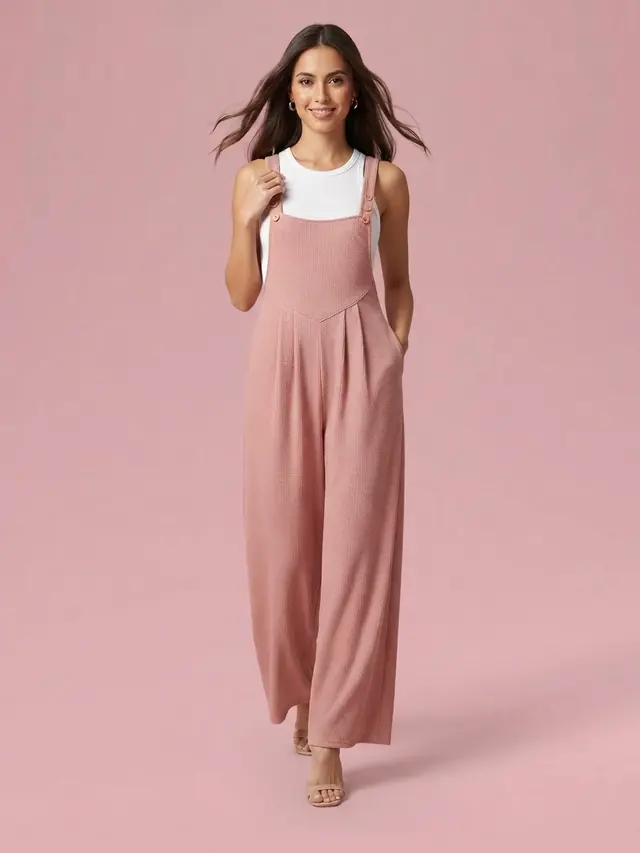 Waffle Knit Button Overalls Pink - Shop at LoveMi