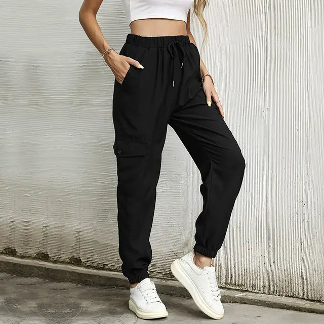Long Solid Color Casual Elastic Ankle Banded Pants Black - Shop at LoveMi