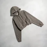 Retro Washed Color Contrast Short Hooded Zip Cardigan Sweater - Brown