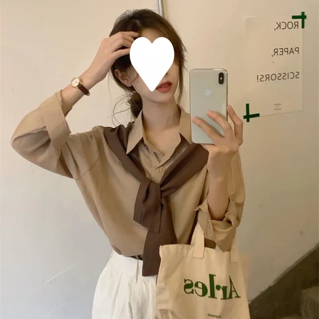 Women's Shawl Fake Two piece Long sleeved Shirt Khaki - Shop at LoveMi