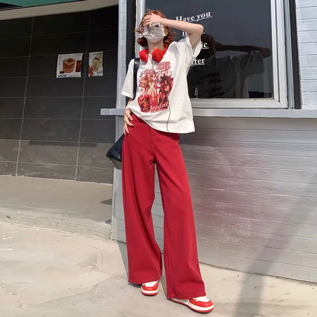 Vintage Jeans Women's Summer High Waist Loose Personality Wide Leg Trousers Red Trousers - Shop at LoveMi