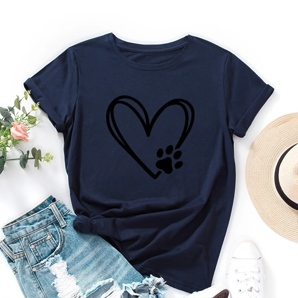 Women's Loose Round Neck Short Sleeve T shirt With Heart shaped Palm Print Dark Blue - Shop at LoveMi
