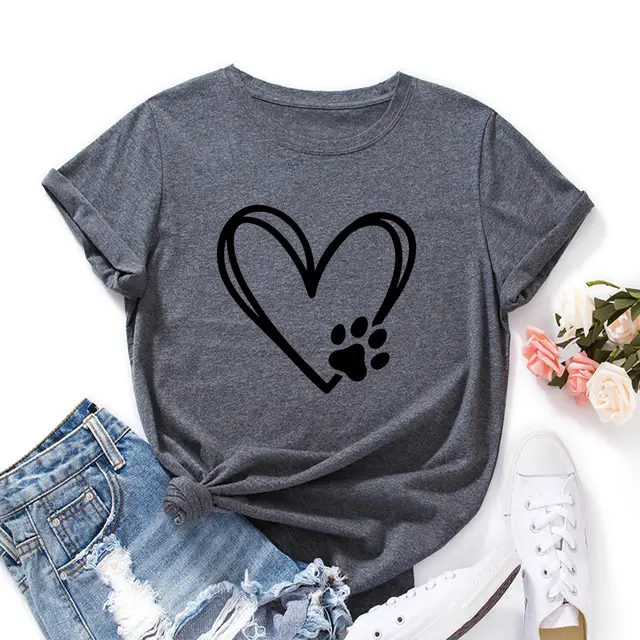 Women's Loose Round Neck Short Sleeve T shirt With Heart shaped Palm Print Dark Gray - Shop at LoveMi