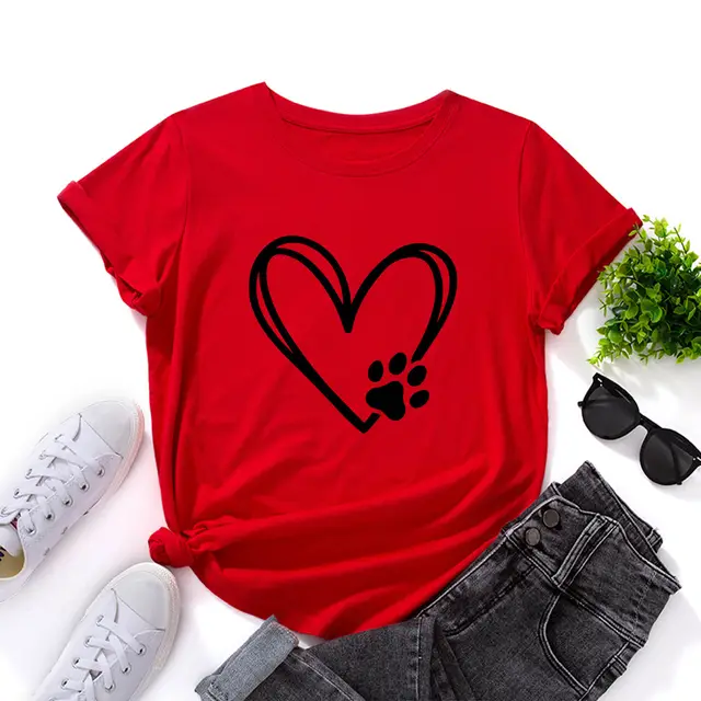 Women's Loose Round Neck Short Sleeve T shirt With Heart shaped Palm Print Red - Shop at LoveMi