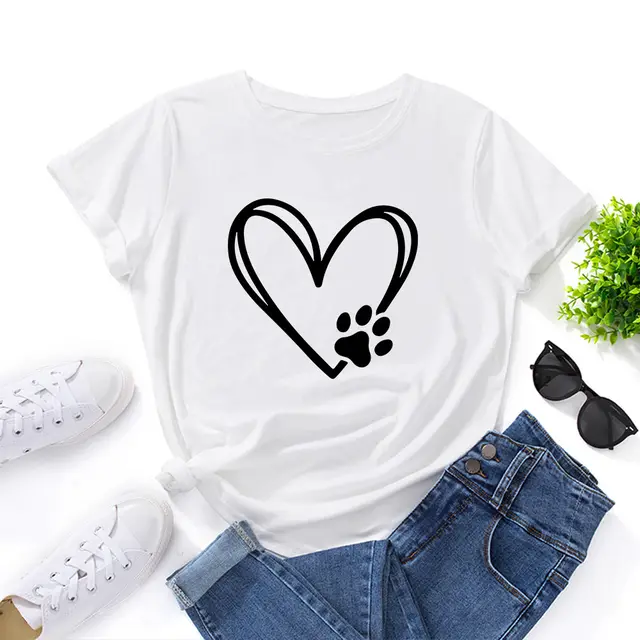 Women's Loose Round Neck Short Sleeve T shirt With Heart shaped Palm Print White - Shop at LoveMi