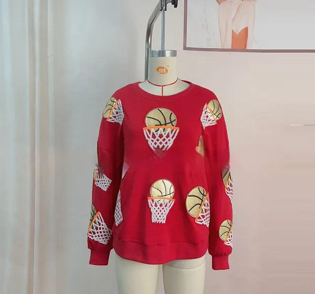 Women's Shooting Sequined Sweater Round Neck Red - Shop at LoveMi