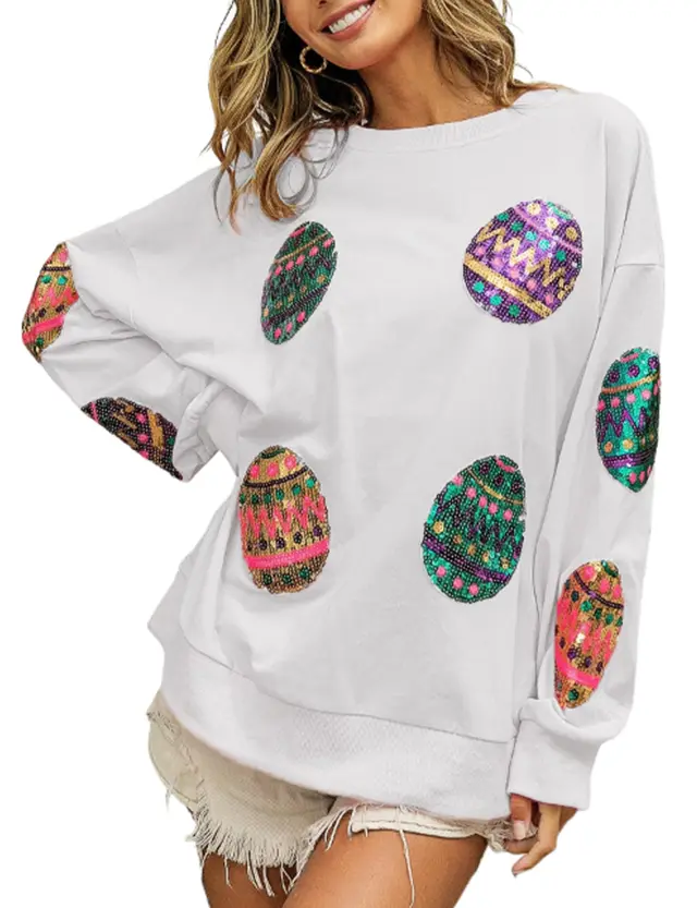Sequined Knitted Sweater Long Sleeve Women's Clothing White - Shop at LoveMi