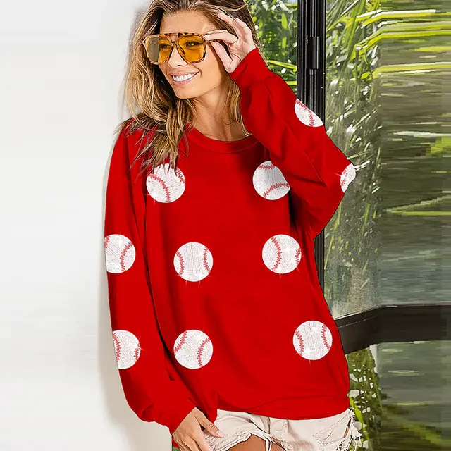Baseball Sequined Sweater Long Sleeve Top For Women Red - Shop at LoveMi