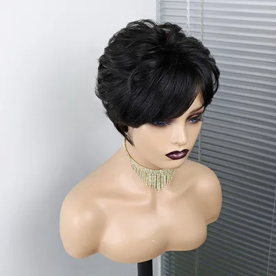 Short Wavy Pixie Cut Full Machine Made Human Hair Wigs Black - Shop at LoveMi