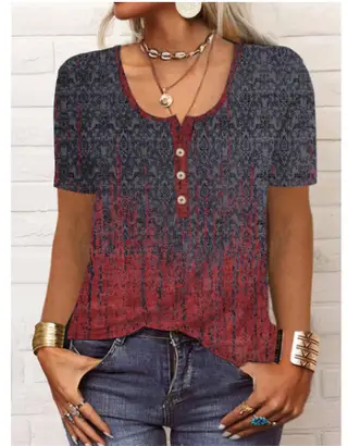 Women's Loose Long-sleeved Floral V-neck Short-sleeved T-shirt Bottoming Shirt - 4Color - View 1
