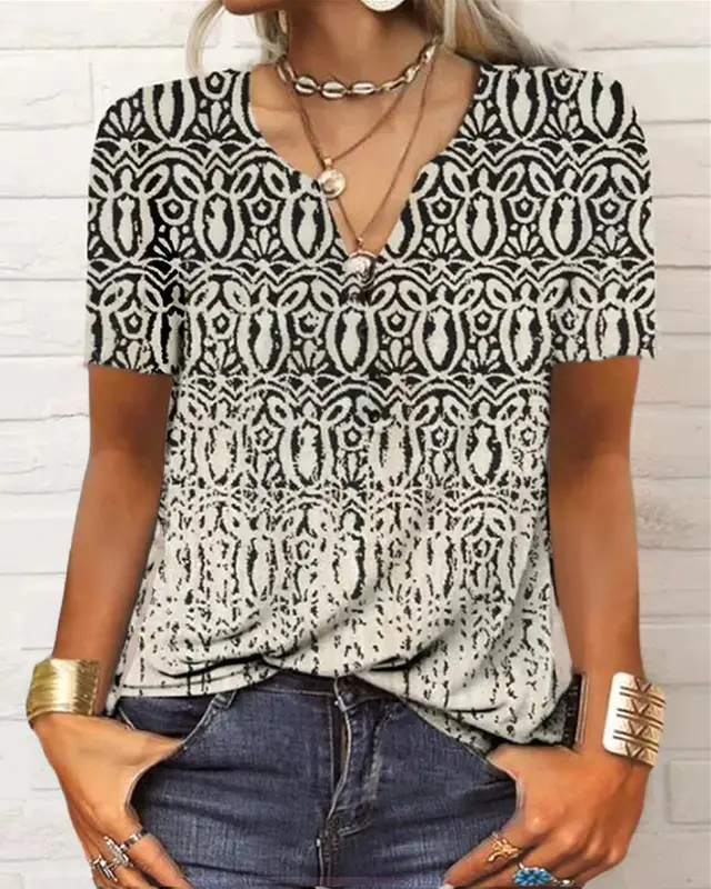 Women's Loose Long sleeved Floral V neck Short sleeved T shirt Bottoming Shirt Pattern 4 - Shop at LoveMi