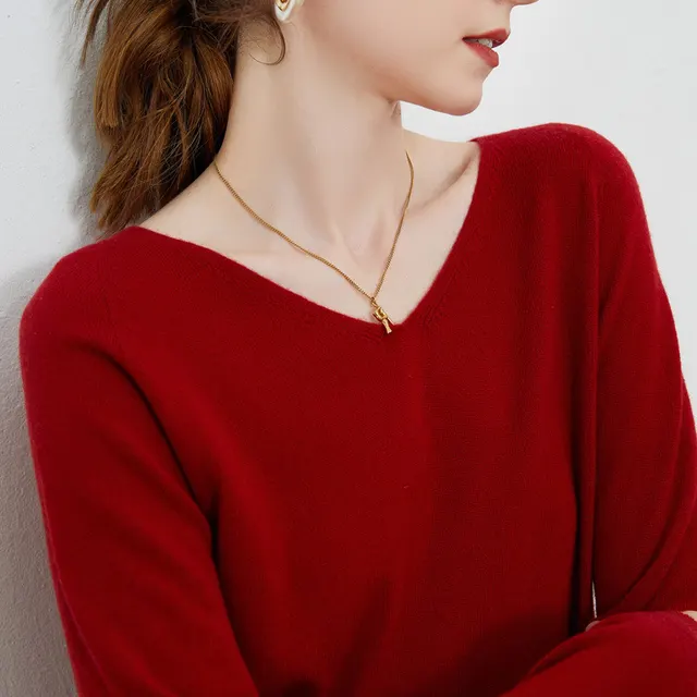 Women's V neck 100 Pure Wool Long sleeved Sweater Cherry Red - Shop at LoveMi