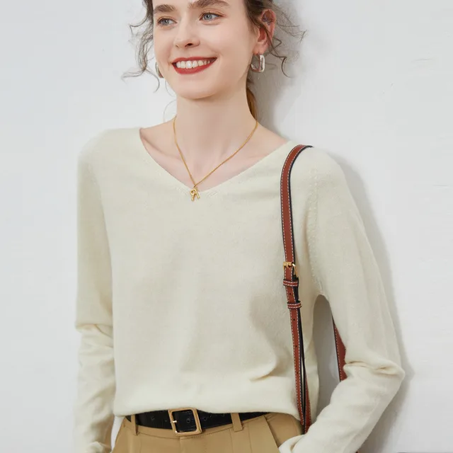 Women's V neck 100 Pure Wool Long sleeved Sweater Cream White - Shop at LoveMi