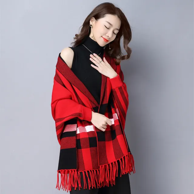 Knitted Plaid Tassel Sweater Inverness Red - Shop at LoveMi