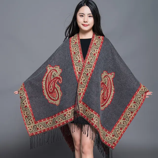 Travel Autumn And Winter Nepal Ethnic Style Extra Large Thickened Split Shawl Scarf Cape Gray - Shop at LoveMi