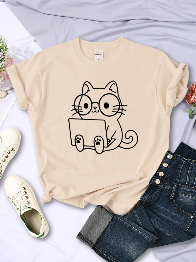 European And American Digital Printing Casual Short sleeved T shirt Khaki - Shop at LoveMi