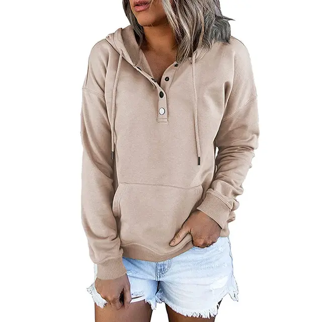 Long sleeved Hooded Sweatshirt With Pockets Fashion Casual Button Drawstring Design Hoodie Top Spring And Autumn Sports Clothing For Women Apricot - Shop at LoveMi