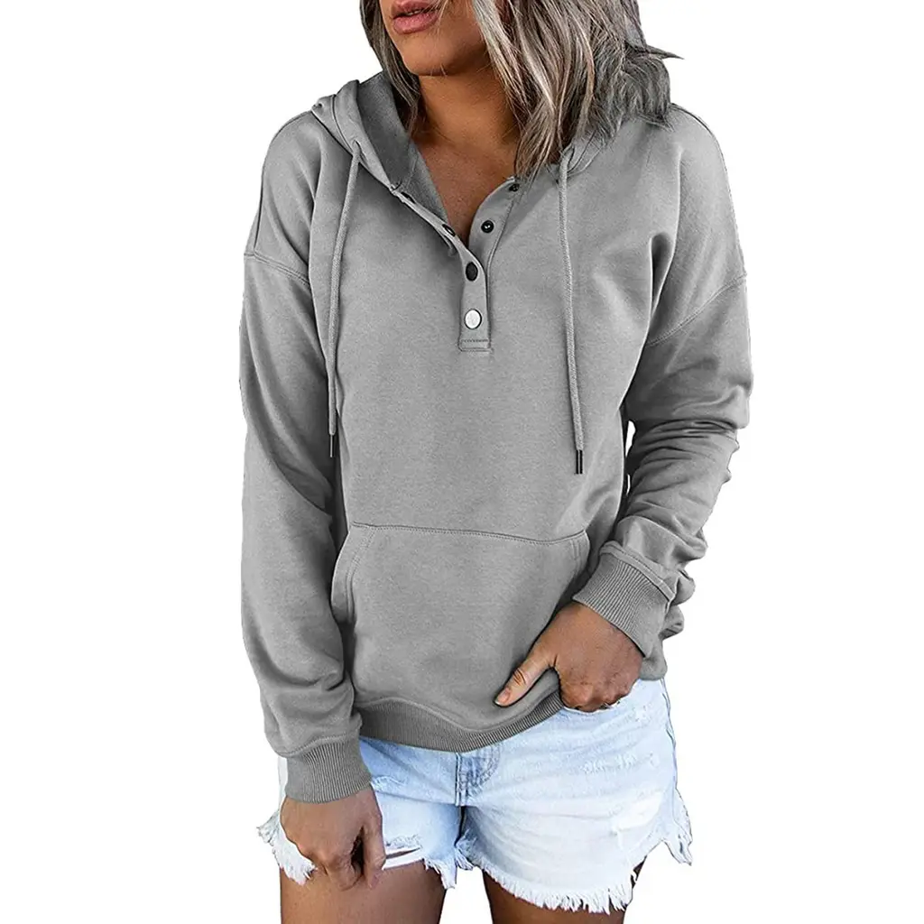Long-sleeved Hooded Sweatshirt With Pockets Fashion Casual Button Drawstring Design Hoodie Top Spring And Autumn Sports Clothing For Women - Gray