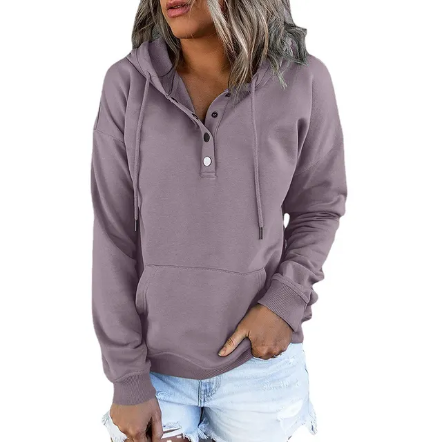 Long sleeved Hooded Sweatshirt With Pockets Fashion Casual Button Drawstring Design Hoodie Top Spring And Autumn Sports Clothing For Women Purple dusty purple/mauve - Shop at LoveMi