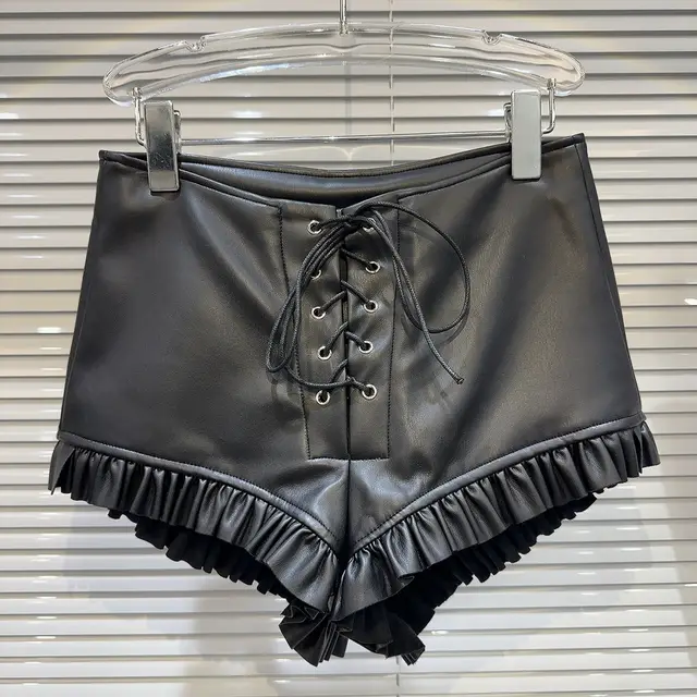 Winter New Dark Hot Girl Pleated Lace Drawstring Strap PU Leather Short Black - Shop at LoveMi