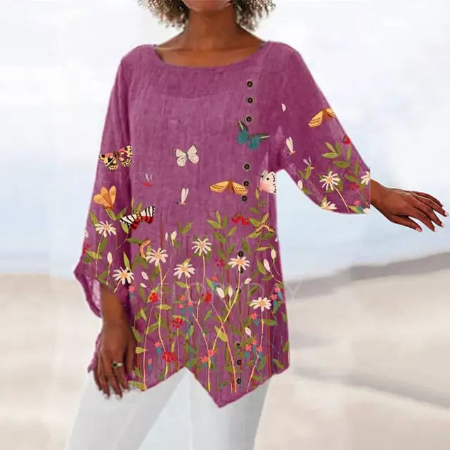 Casual Loose Round Neck Irregular Hem Printed Long Sleeve Shirt Rose Red T1 - Shop at LoveMi
