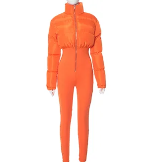 Cotton-padded Stretch Tight Jumpsuit Slim Short Jacket - Orange Long Style