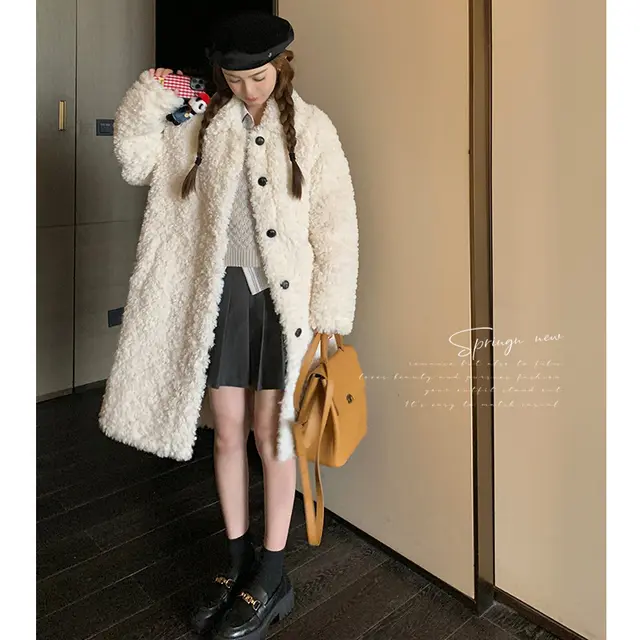 Mid length Winter Circle One piece Lamb Wool Coat White - Shop at LoveMi