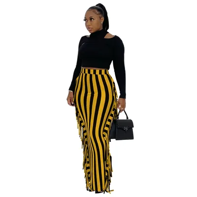 Cross Border Independent Women's Brushed Fabric Cute Tassel Skirt On Both Sides Black And Yellow Stripes - Shop at LoveMi