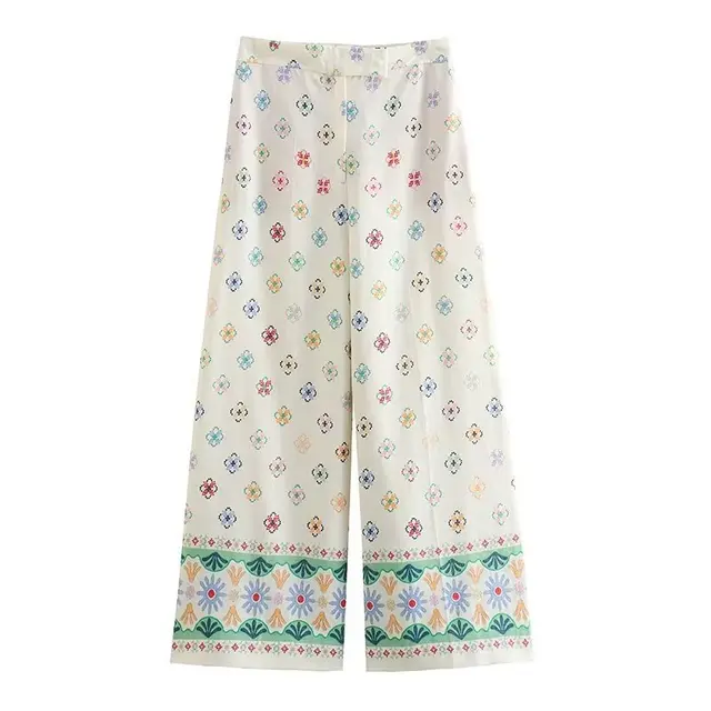 High Waist Vacation Style Printed Linen Loose Wide Leg Pants White - Shop at LoveMi