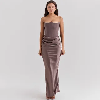Slim Tube Top Long Dress Sexy Fashion Bandeau Backless Party Evening Dresses For Women Clothing - Gray